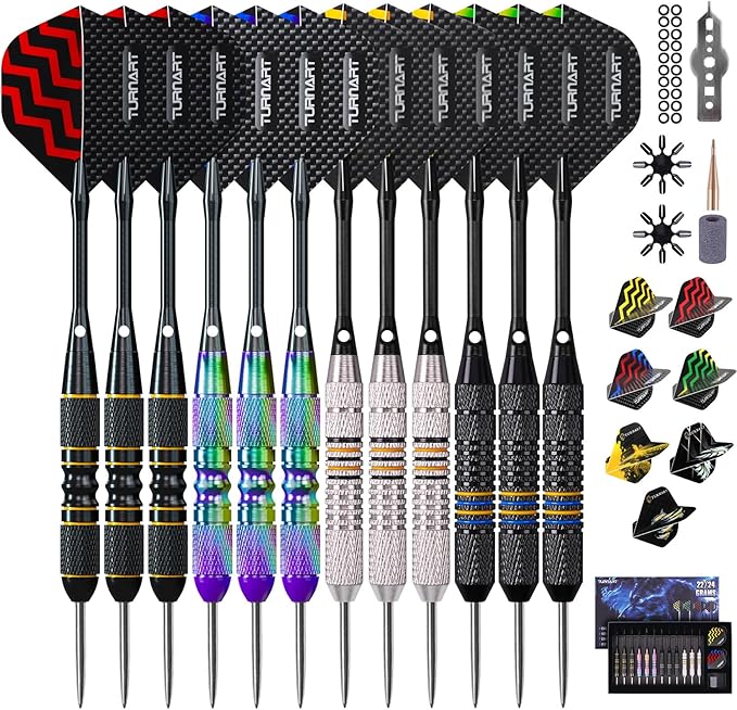 Turnart Darts Metal Tip Set - Steel Tip Darts Darts Set Professional Metal Darts 12 pcs 22/24 Grams Pro Dart Set with Stylish Case Aluminum Shafts Extra 9 Flights