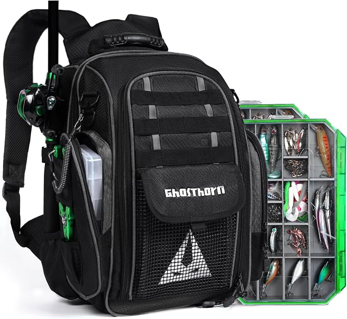 Ghosthorn Fishing Backpack 2 * 3700 Tackle Boxes 40L Waterproof Tackle Backpack with Rod Holders Large Outdoor Storage Tackle Bag for Fishing Men Women