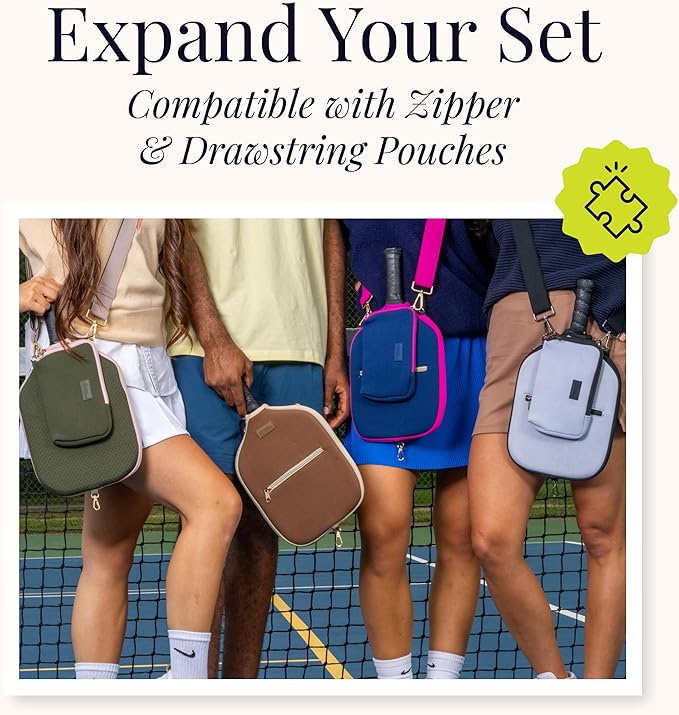 Posh Pickler Crossbody Neoprene Pickleball Bag - Paddle Cover with Adjustable Strap, Built-in Pocket for Essentials, Carabiner Fence Clip, Add-On Ready D-Rings, and Durable Design for Everyday Use