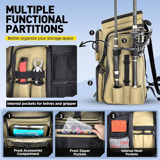 PLUSINNO Fishing Backpack with Tackle Boxes,Fishing Gear,42L Waterproof tackle Backpack with Rod Holders,Lures,Tools,Pliers & Accessories, Fishing Gifts for Men