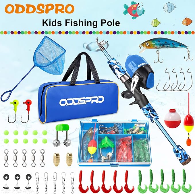 ODDSPRO Kids Fishing Pole - Portable Telescopic Kids Fishing Rod and Reel Combo Kit - with Spincast Fishing Reel Tackle Box for Girls, Youth