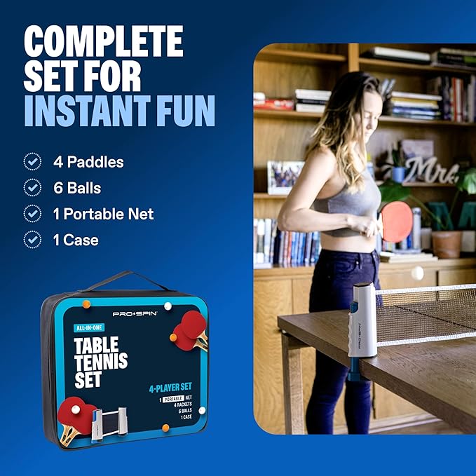 PRO-SPIN Portable Ping Pong Set with Retractable Ping Pong Net for Any Table, All-in-One Table Tennis Set with Ping Pong Paddles, Balls & Case, Table Top Family Game