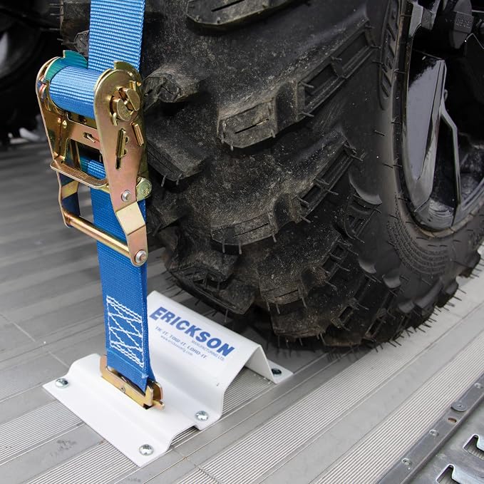 Erickson Wheel Chock Tie-Down Kit, 2 in x 6.5 ft, Single Slotted E-Fitting, Fits 10 in-30 in Tires, 1500 lb Ratchet Straps - Secures ATV, UTV, SxS, Mower & More