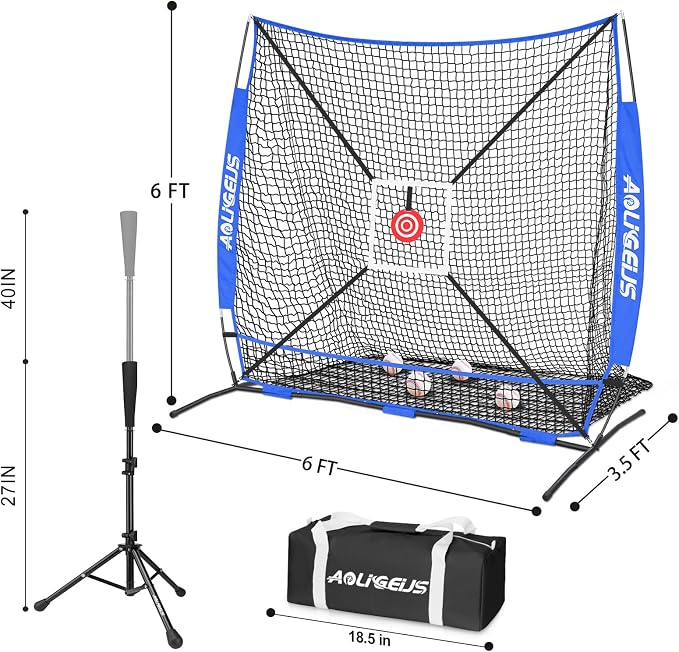 6'X6' Baseball Softball Practice Net,Pitching Net,Batting Net,with Bonus Strike Zone,Target and Bow Frame,for Hitting,Pitching,Catching
