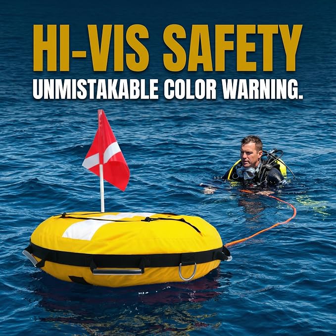Dive Float Buoy with Flag, Yellow and White, Inflatable Safety Marker with Rope