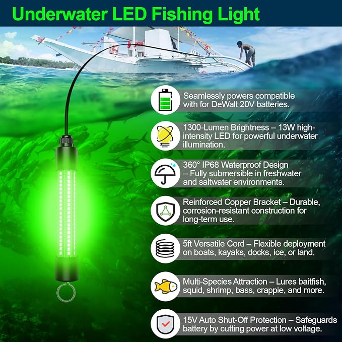Underwater Fishing Light Compatible for DeWalt 20V Battery（Battery Not Included）, IP68 Waterproof 1300 Lumens LED Submersible Green Fish Attractor Light for Night/Ice/Boat Fishing