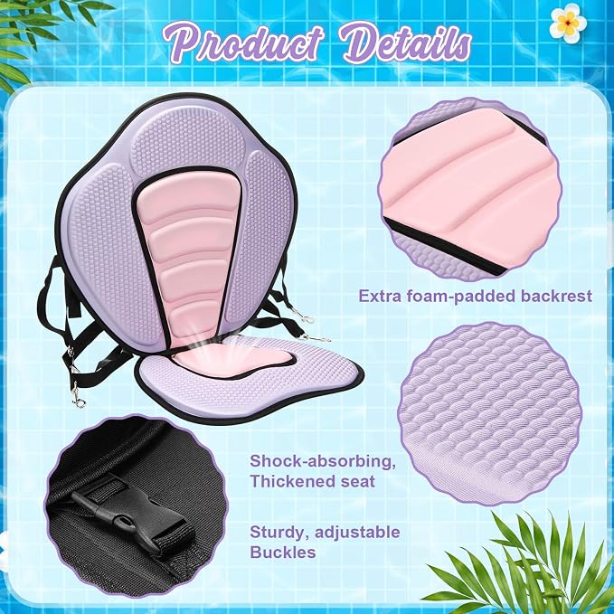 Vinsot Kayak Seat Cushion Universal Paddle Board Seat with Back Support Adjustable Non Slip Boat Chair Seats with 4 Straps and Storage Bag for Kayak Boat Sup Canoe