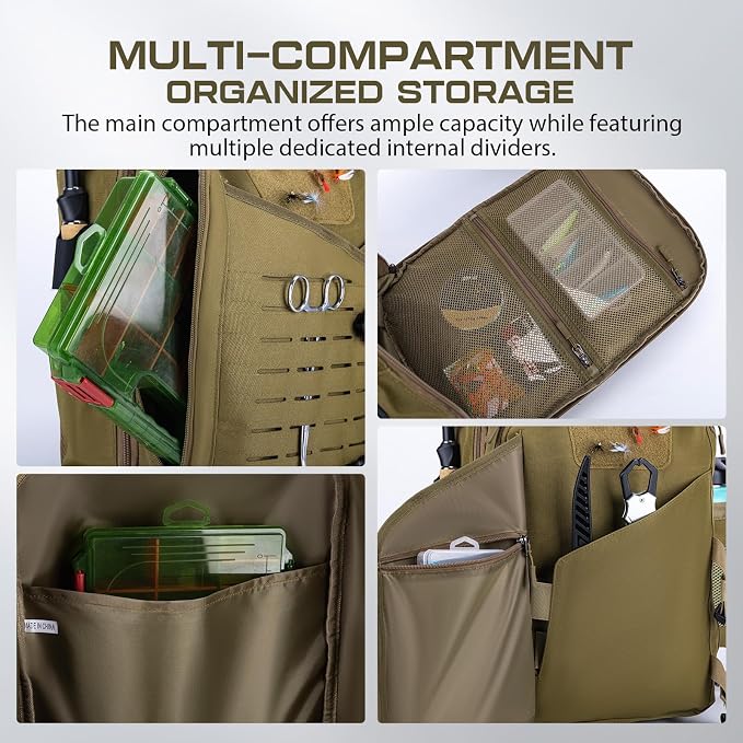 Goture Khaki Tackle Bag with Trays Rod Holder 900D Durable Fishing Tackle Storage Bag for Kayak, Shore Fishing