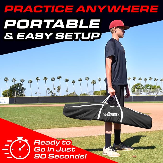 GoSports 7 ft x 7 ft Baseball & Softball Nets - Red, Black, Drip or PRO - Practice Hitting & Pitching Net with Bow Type Frame, Carry Bag and Strike Zone, Great for All Skill Levels