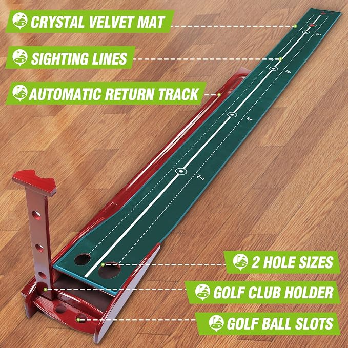 Golf Putting Mat Indoor with Automatic Ball Return, Premium Velvet Golf Practice Mat with Wooden Base, Dual Hole Sizes, Distance Markers, Indoor Putting Green for Home Office Golf Training