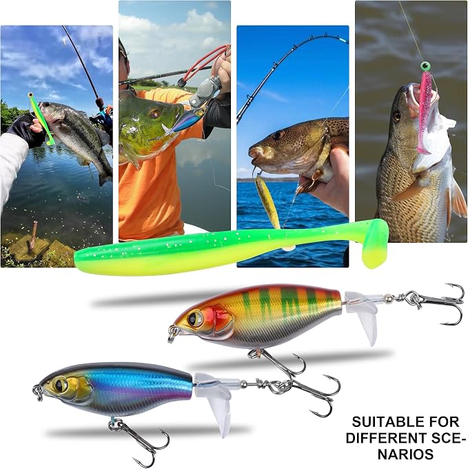 100 Pcs Fishing Lures Ploppers Equipment Tackle Gear Box for Bass, Floating Rotating Tail, Hard Fish Kit with Soft Lure,Hooks, Accessories Tools,Plastic Bait, Swimbait