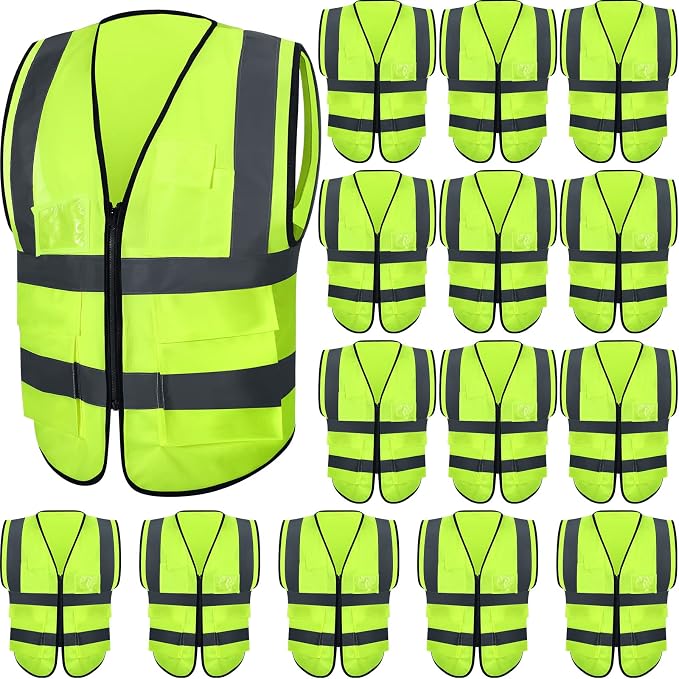 JaGely 15 Pack Reflective Safety Vests with Pockets and Zipper Construction Work High Visibility Vest for Men Women(X-Large,Fluorescent Green)