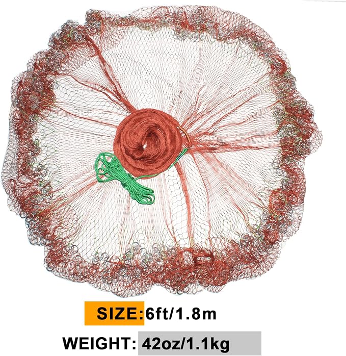 Nylon Monofilament Cast Net, 4FT/6FT/7FT/8FT/9FT/10FT/12FT American Style Hand Throwing Fishing Net with Iron Chain Weights for Saltwater and Freshwater