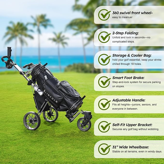 360 Golf Pull Cart: Lightweight Folding Swivel 3 Wheels Golf Caddy with Foot Brake, Cooler Bag, Drink& Umbrella Holder, Gray