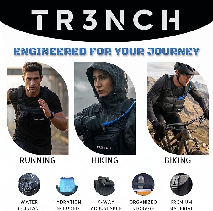 TR3NCH Tactical Running Vest with 2L Hydration Bladder, Adjustable Utility Chest Rig and Water Pack for Hiking and Hunting