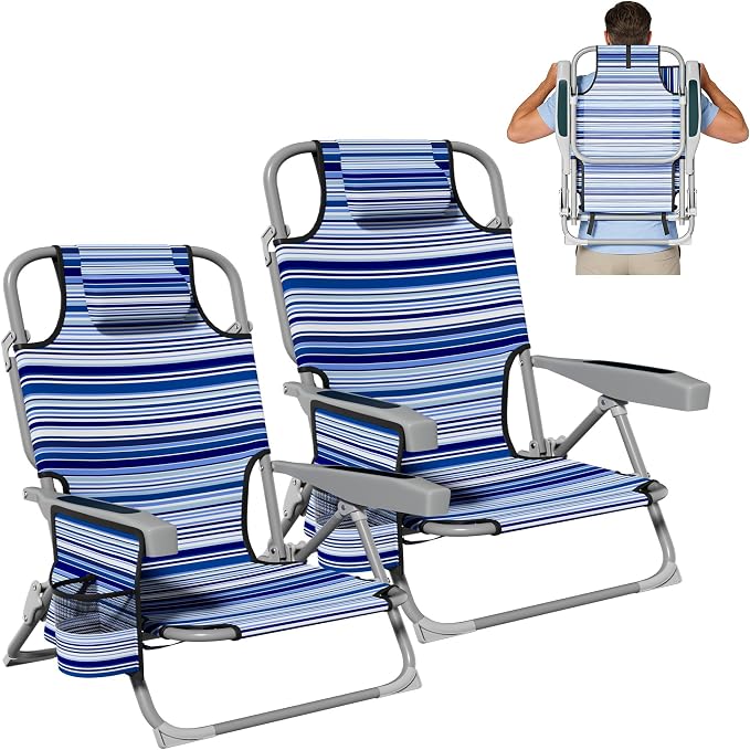 DIAMONDFORGE 2 Pack Lightweight Portable Beach Chair for Adults, 350 LBS Capacity Backpack Beach Chair, Reclining Beach Chair with 5-Position Lay Flat, Large Cup Holder for Beach Camping Sports, Blue