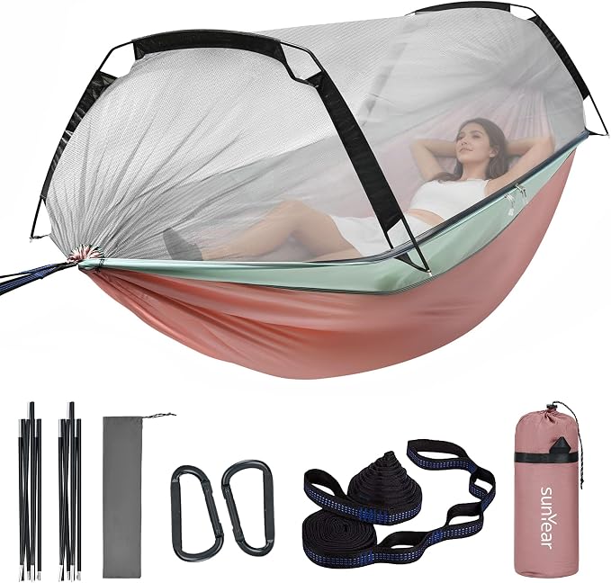 Sunyear Camping Hammock Tent - Portable Hammocks with Mosquito Net (Single/Double, 500lbs Capacity) - Spacious & Anti-Rollover Design with 2 Tree Straps for Hiking, Backpacking, Indoor/Outdoor Use