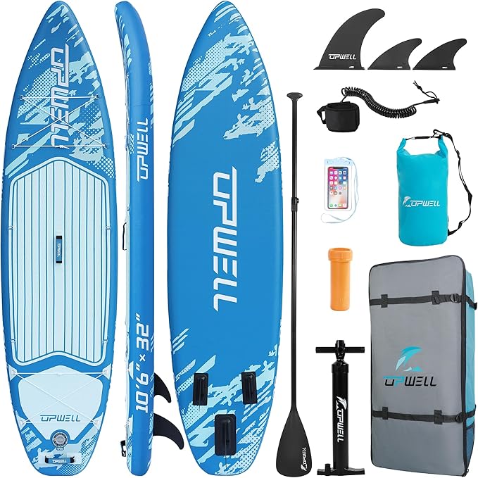 UPWELL 11’6”/11'2”/11'/10'8”/10'6”/10'2” Inflatable Stand Up Paddle Board with sup Accessories Including Backpack, Repairing Kits, Non-Slip Deck, Leash, 3 Fins, Paddle and Hand Pump