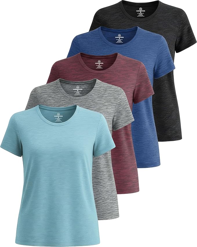 Real Essentials 5 Pack: Women's Short Sleeve T-Shirts Workout Tops Fitness Pilates Gym Activewear Athletic (Plus Available)