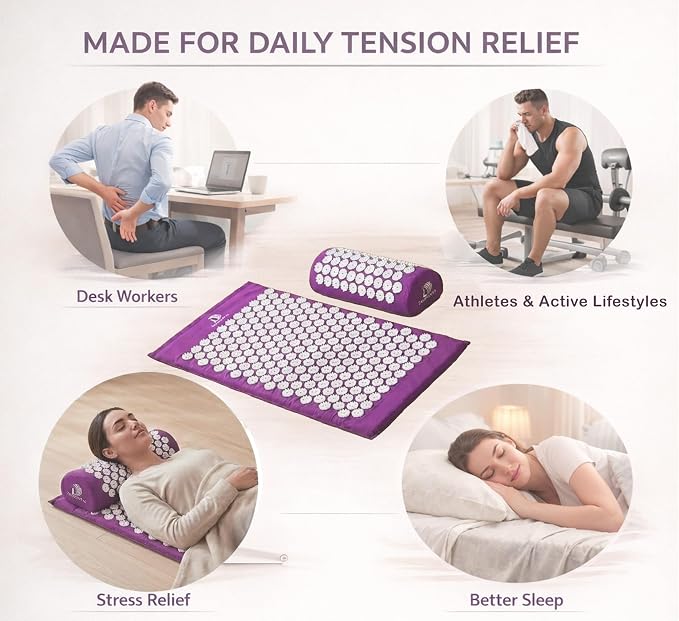 Acupressure Mat & Pillow Set – Extra-Long 29” Acupressure Therapy for Back & Neck Pain Relief, Sciatica, Stress Relief & Sleep Support Includes Carry Bag & Hot/Cold Pack (Purple)