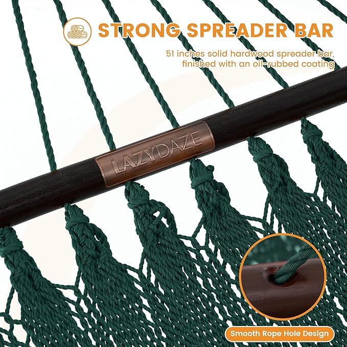 Lazy Daze Hammocks 10.5 FT Double 2 Person Caribbean Rope Hammock, Hand Woven Polyester Hammock with Spreader Bars, for Outside Outdoor Backyard Patio Poolside, 450 LBS Capacity, Green