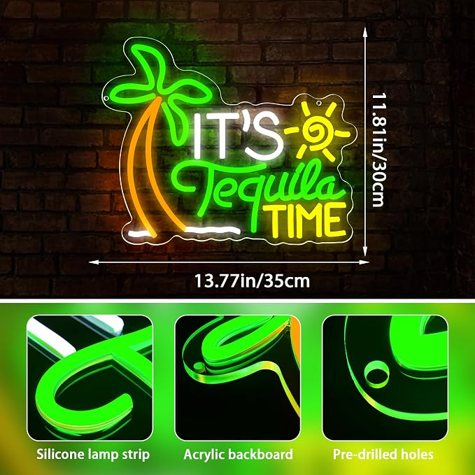 It's Tequila Time Neon Sign for Wall Decor Tequila Neon Light for Man Cave | Dimmable Led Neon,Birthday Tequila Gifts,5V USB Powered,Mexican Resturant,Tequila Bar Decor,Business Pub Wall Art,13.7*11.8in