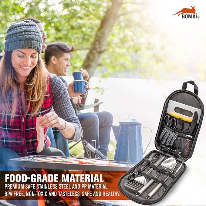 BOMKI Grilling and Camping Cooking Utensils Set for The Outdoors BBQ - Camping Utensil Set Camping Kitchen Set Cookware Accessories with Case Camping Essentials Camping Stuff Camp Cooking Set