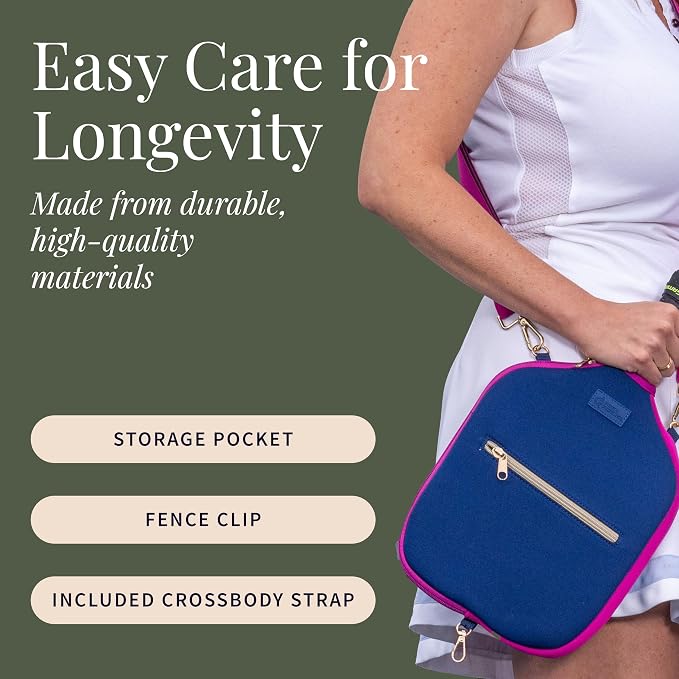 Posh Pickler Crossbody Neoprene Pickleball Bag - Paddle Cover with Adjustable Strap, Built-in Pocket for Essentials, Carabiner Fence Clip, Add-On Ready D-Rings, and Durable Design for Everyday Use