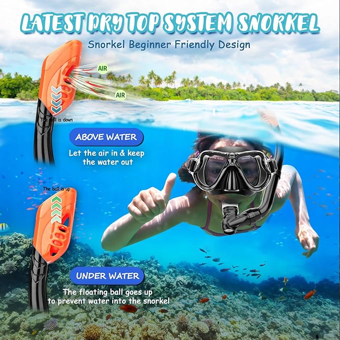 Snorkeling Gear for Kids, 4 in 1 Child Mask Fins Snorkel Set with Panoramic View Anti Fog Mask, Dry Top Snorkel, Trek Fins and Travel Bag, Kids Snorkeling Set with Fins for Snorkeling Swimming