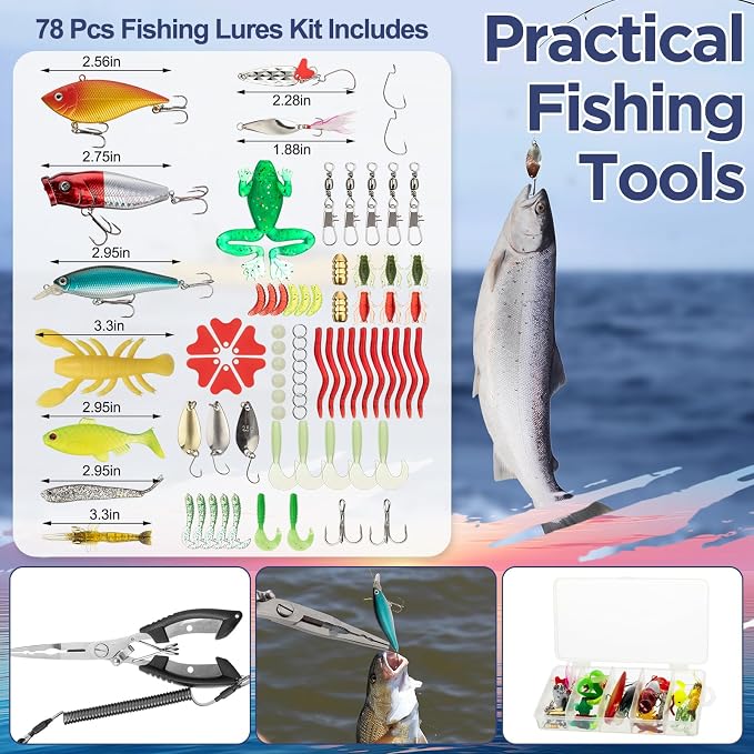 RoundFunny 85 Pcs Fishing Backpack with Tackle Boxes, Tackle Sling Bag with Rod Holder, Fish Lures and Pliers, Fish Tools Gears & Equipment Father's Day Fishing Gift for Dad Men