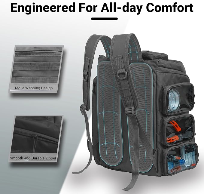 kokkoya 40L Fishing Backpack Tackle Box Back Pack Tacklebox for Men Dad with 2 Rod Holders Two Tier Storage 3 Clear Pockets Kayak Fishing