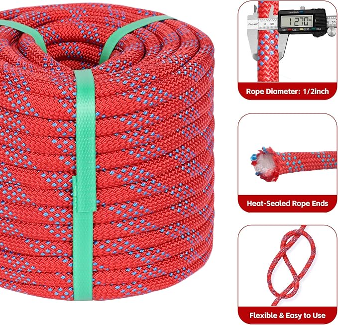 Arborist Climbing Rope (1/2in X 100ft) 48 Strands Polyester for Pulling Swing Climbing