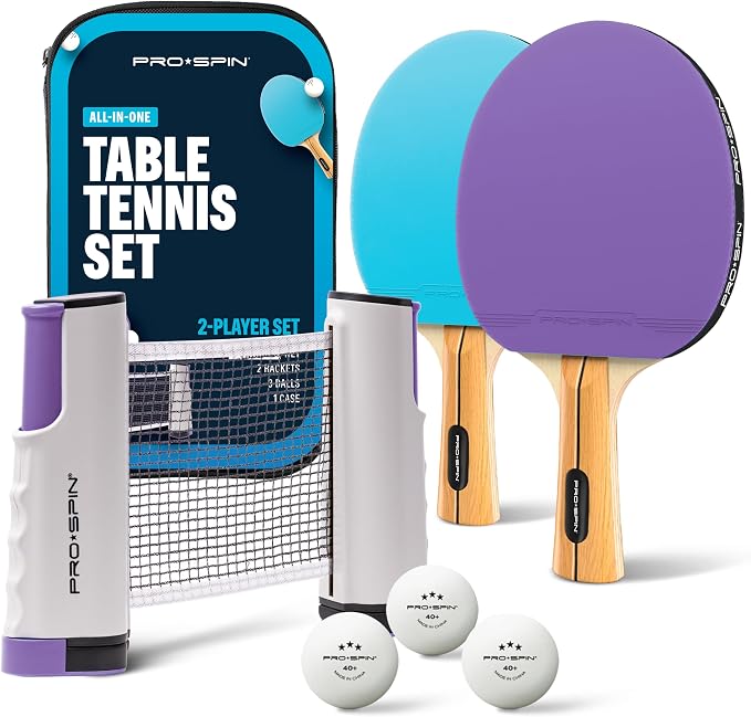 PRO-SPIN Portable Ping Pong Set with Retractable Ping Pong Net for Any Table, All-in-One Table Tennis Set with Ping Pong Paddles, Balls & Case, Table Top Family Game