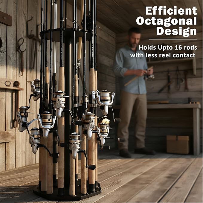 Rush Creek Creations 16-Rod Round Fishing Rod Holder for Garage, 360° Access Fishing Pole Holder for Fishing Rods, Reels, Gear, and Accessories, Securely Holds 16 Rods, Gray