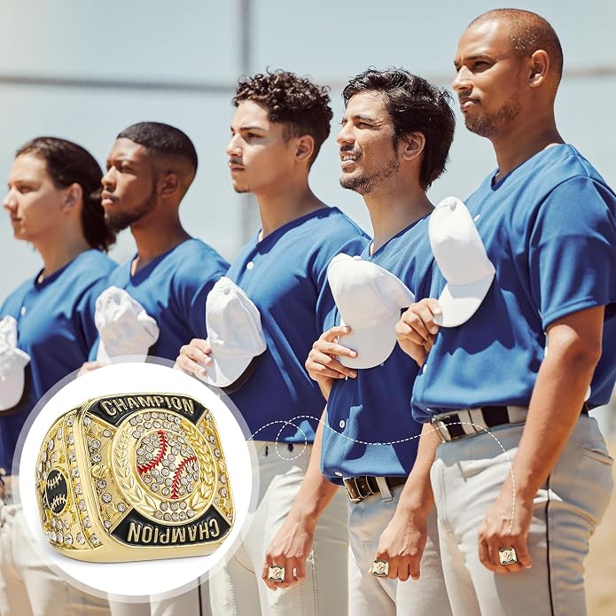 24 Pcs Baseball Championship Rings Baseball Championship Trophy Rings Sport Ball Award Gift with Display Neck Chain and Stand for Tournament or Champion Winner