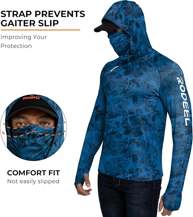 Rodeel Men's UPF 50+ Performance Fishing Hoodie, Long Sleeve Sun Protection Athletic Quick-Dry Breathable T-Shirt