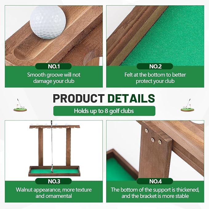 Blosssound Golf Putter Stand for 8 Clubs & 12 Balls Wooden Golf Club Holder Golfs Rack Display Organizer Storage with Artificial Grass Mat for Sports Indoor Home Garage Accessories
