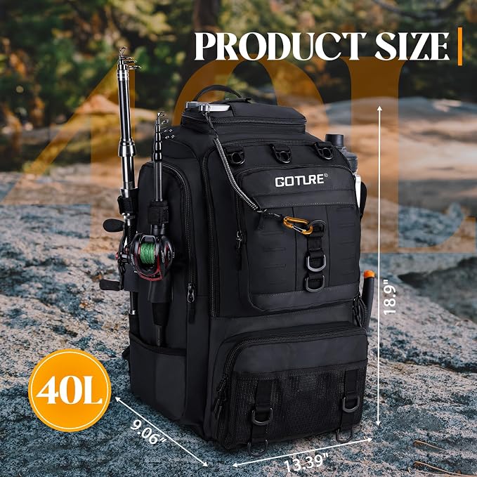 Goture 40L Fishing Tackle Backpack with Cooler Compartment Black, Water-Resistant Fishing Gear Bag & Rain Cover & 3600 Trays