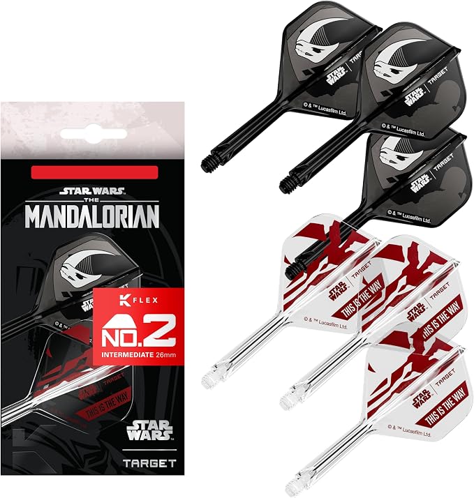 Target Darts Star Wars Mandalorian K Flex Integrated Dart Flights & Shafts | Character Inspired Pack of 3 K-Flex, No.2 & No.6 | Short, Intermediate & Medium Disney Kflex Accessories