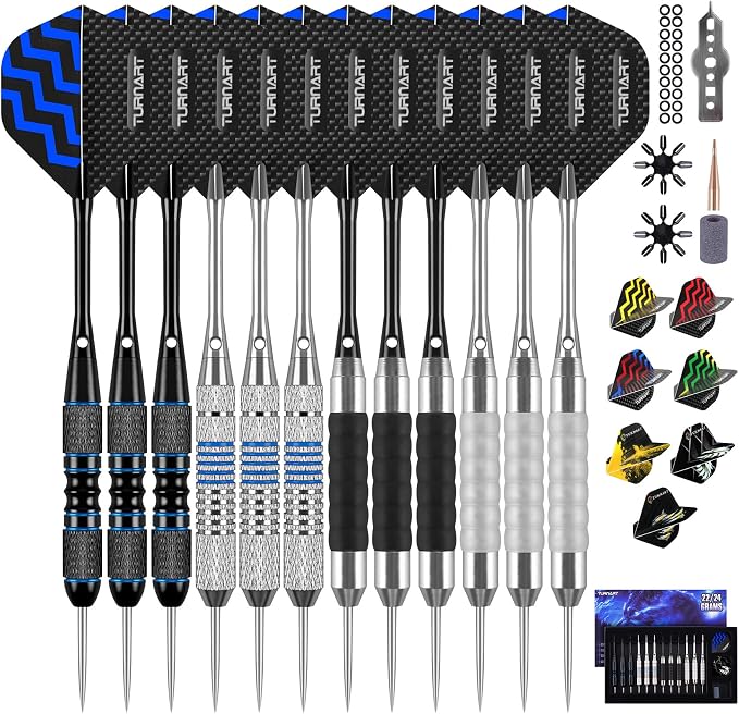 Turnart Darts Metal Tip Set - Steel Tip Darts Darts Set Professional Metal Darts 12 pcs 22/24 Grams Pro Dart Set with Stylish Case Aluminum Shafts Extra 9 Flights