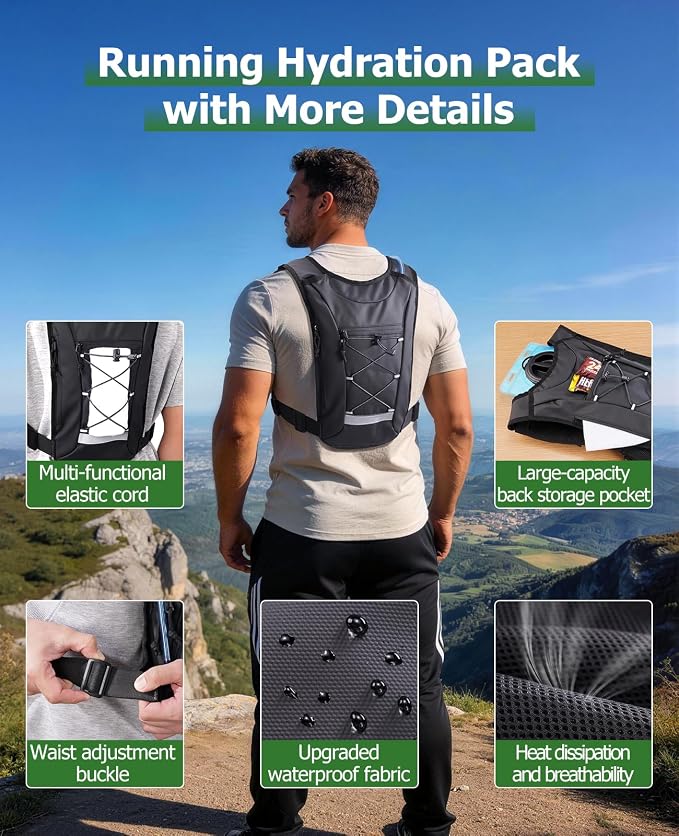 NOOLA Running Vest with 2L Water Bladder, Reflective Hydration Backpack for Men Women, Lightweight Chest Pack with Phone Pocket Adjustable Running Backpack for Marathon Fishing Cycling Hiking