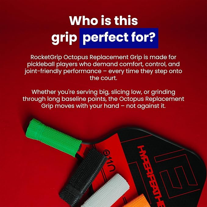 ROCKETGRIP Octopus Pickleball Paddle Grip with Applicator – Soft Silicone Grip for Pickleball Paddles – Cushioned, Sweat-Resistant Fit – Vibration Dampening Pickleball Accessories (Orange)