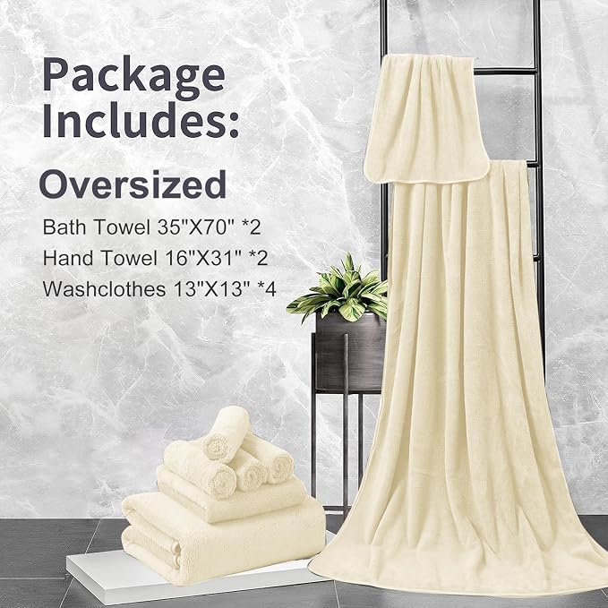 8 Pcs Bath Towel Set,2 Pcs Oversized Towels 35x70 Inches 2 Pcs Hand Towel 4 Pcs Washcloth Bathroom Towel Quick Dry, Ultra Soft Absorbent Hotel Shower Towels Set Beige