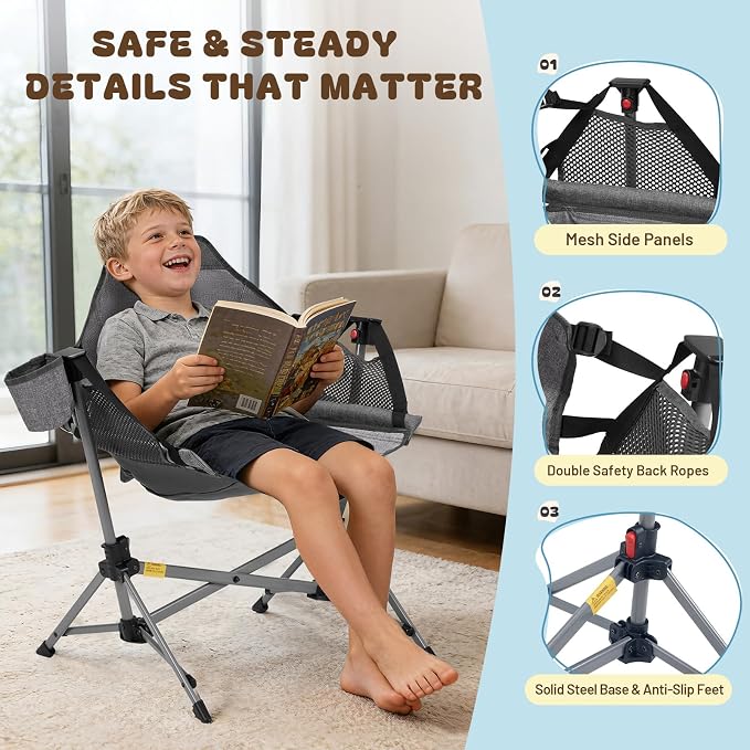 BusyBee Hammock Camping Chairs for Kids, Folding Kids Chair with Stand, Child Camping Gear, Hammock Swing Chair with Cup Holder & Carrying Bag for Outdoor, Lawn, Hiking, Indoor, Supports 125 LBS, Grey