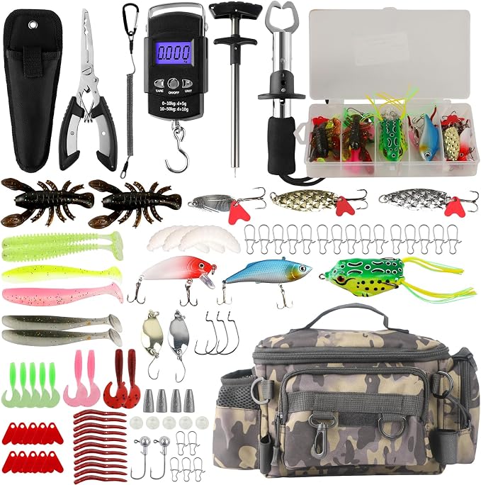 mouhike 113Pcs Fishing Tool Kit, Fishing Bag, Fishing Pliers Hook Remover, Fish Lip Gripper, Fishing Lures Hook Tackle Box, Handheld Digital Scale, Ice Fly Fishing Gear Accessories Set Fishermen Gift
