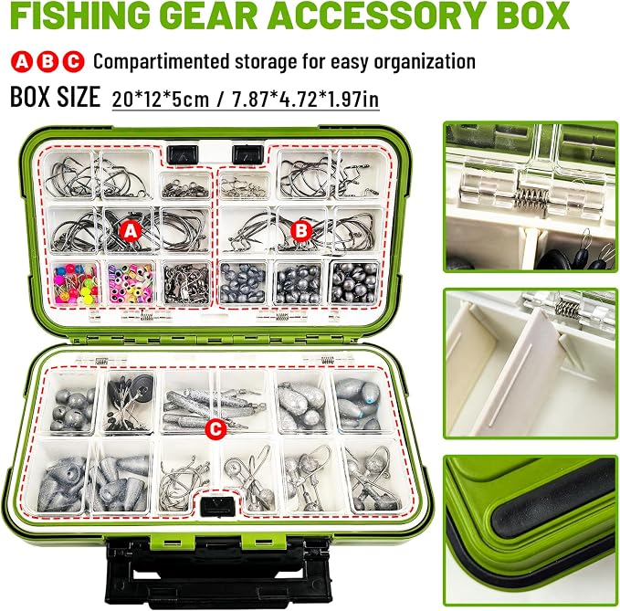 Fishing Accessories Kit Organized Fishing Tackle Box | Included Hooks, Sinkers Weights, Rubber Bobber, Jigs, Beads, Swivels Snaps, Fishing Gear Kit