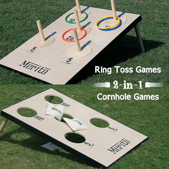 Merito 2-in-1 Outdoor Games, Cornhole Board Set & Ring Toss Game, Perfect Reinvented Bean Bag Toss Games for Backyard, Beach, Camping and Party