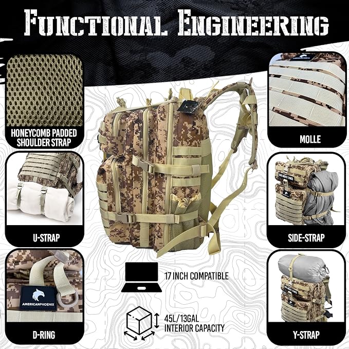 AMERICANPHOENIX 45L Elite Tactical Backpack | 3X Stronger Work & Military Backpack | Water Resistant and Heavy Duty | 3 Day MOLLE Bug Out Bag (Sand Storm)