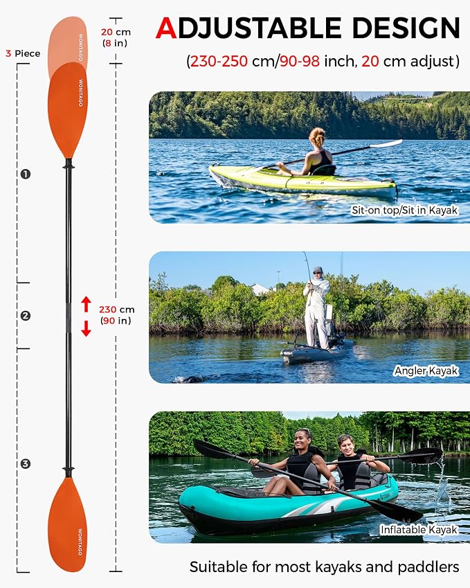 Kayak Paddle Carbon Fiber Shaft and Reinforced Nylon Blade, Adjustable Kayaking Oars, 3 Piece, 230-250 cm/90-98 Inches,210-230 cm/82-90 inches