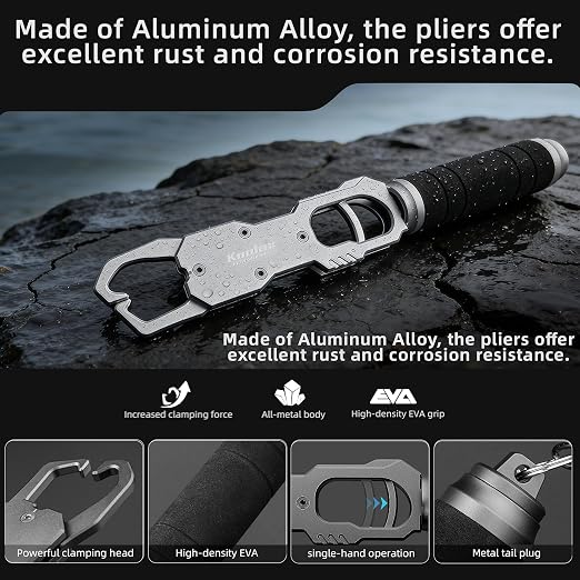 11.6" Fish Lip Gripper, Aluminum Alloy Fish Grabber with 40lb Scale, 360° Swivel Handle, Corrosion-Resistant for Saltwater & Freshwater (Gray)